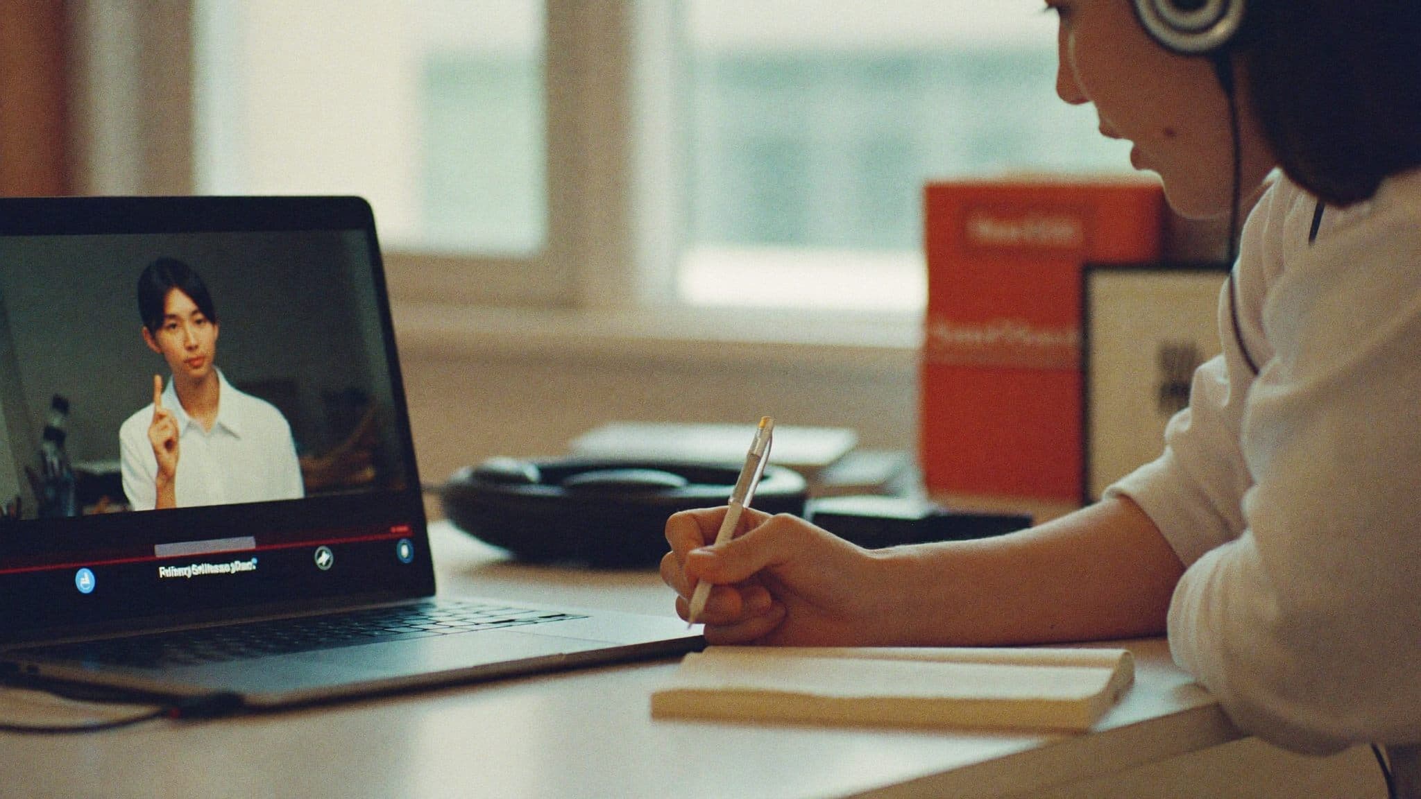 A person taking notes while watching a video on a laptop
