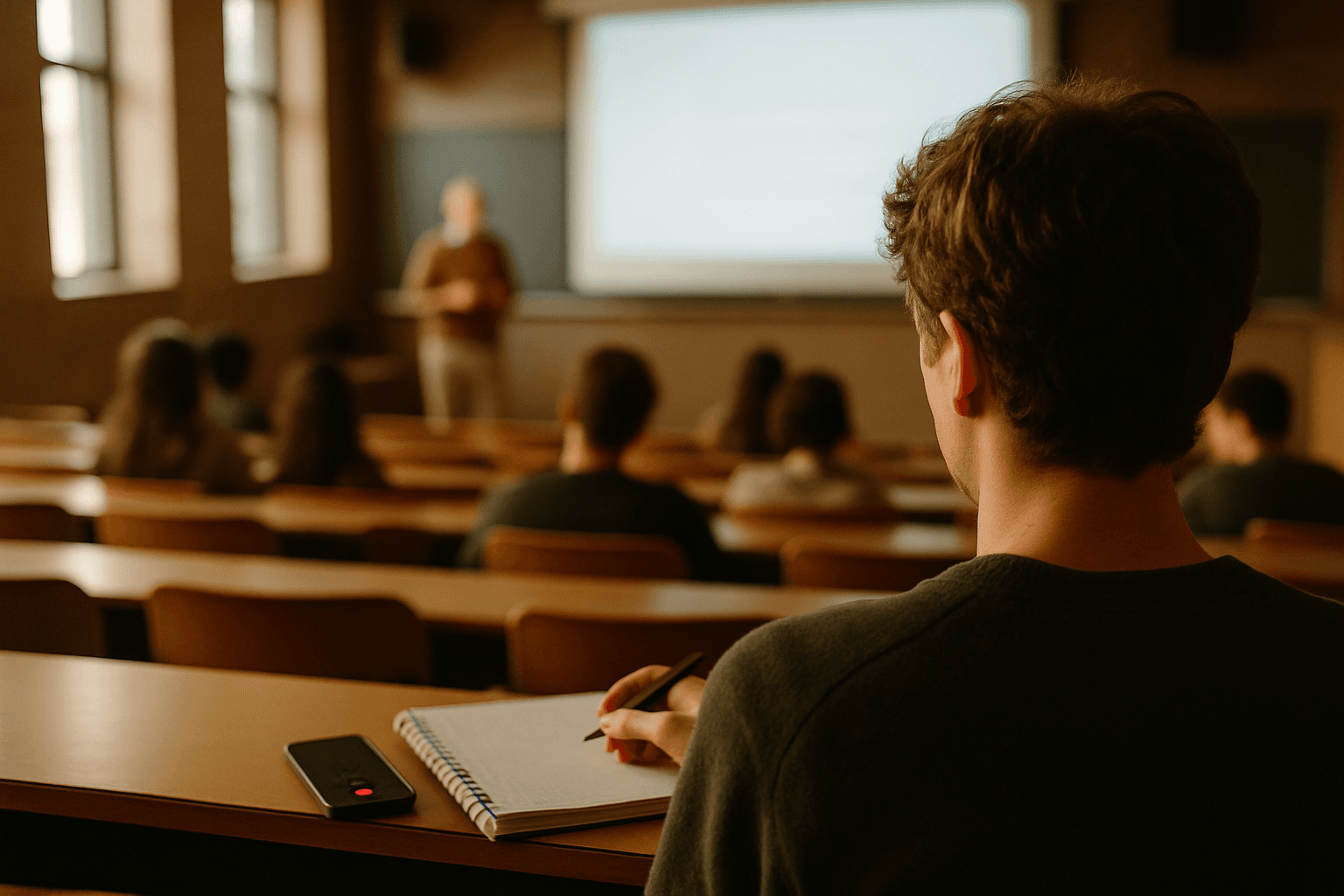 A student in a lecture hall taking notes with a phone recording on the desk